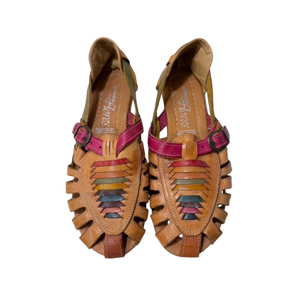 Artesanias Flores Leather Huarache Sandals Women's 8 Multicolor Boho Fisherman